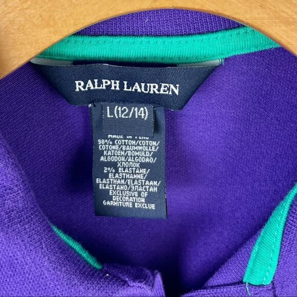 Ralph Lauren Purple Long Sleeve Pique Polo w/ Yellow and Teal Trim Size L(12-14) - Picture 4 of 6